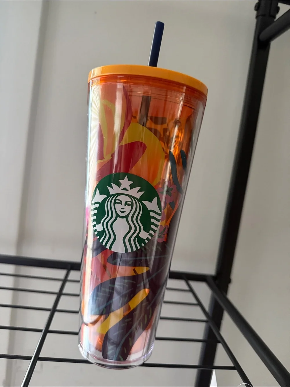 Starbucks Orange and Navy Floral Reusable Tumbler with Straw